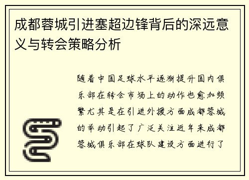 成都蓉城引进塞超边锋背后的深远意义与转会策略分析 成都蓉城引进塞超边锋背后的深远意义与转会策略分析