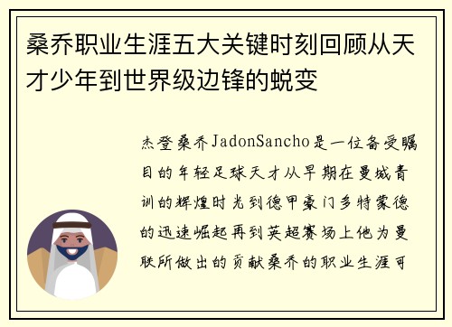 桑乔职业生涯五大关键时刻回顾从天才少年到世界级边锋的蜕变 桑乔职业生涯五大关键时刻回顾从天才少年到世界级边锋的蜕变