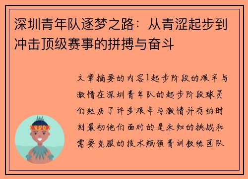 深圳青年队逐梦之路：从青涩起步到冲击顶级赛事的拼搏与奋斗