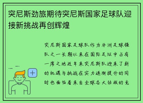 突尼斯劲旅期待突尼斯国家足球队迎接新挑战再创辉煌