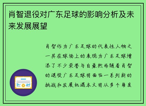 肖智退役对广东足球的影响分析及未来发展展望