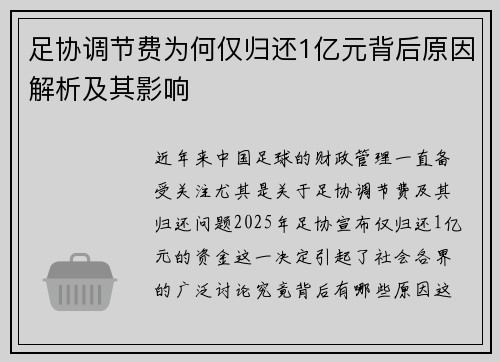 足协调节费为何仅归还1亿元背后原因解析及其影响